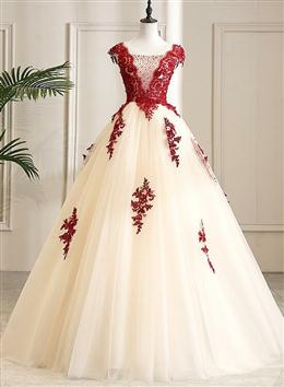 Picture of Gorgeous Champagne Tulle Long Sweet 16 Dresses with Red Color Lace, Formal Gown